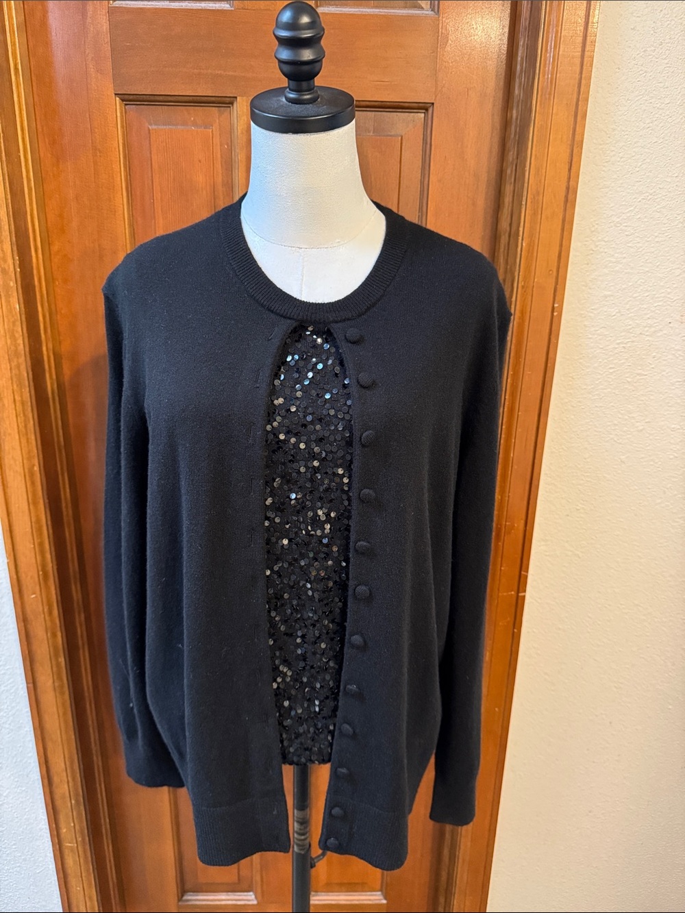 NWT Michael Kors Black Crewneck Cardigan with Sequin Front Panel Size L